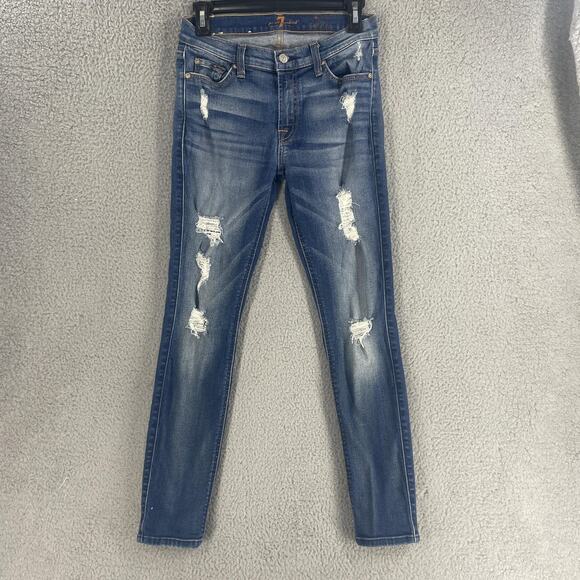 7 For All Mankind Jeans Womens 27 Blue Skinny Distressed Ankle Stretch Denim - Picture 1 of 15
